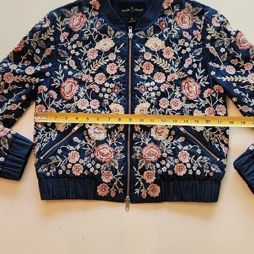 Needle & Thread Sundaze Floral Embroidered Denim Bomber Jacket 2 - Picture 13 of 13